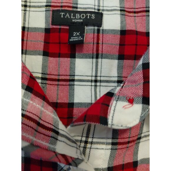 Talbots Flannel Shimmer Button Up Blouse Red White Gold Plaid Cozy Cabin Soft 2X - Picture 4 of 7